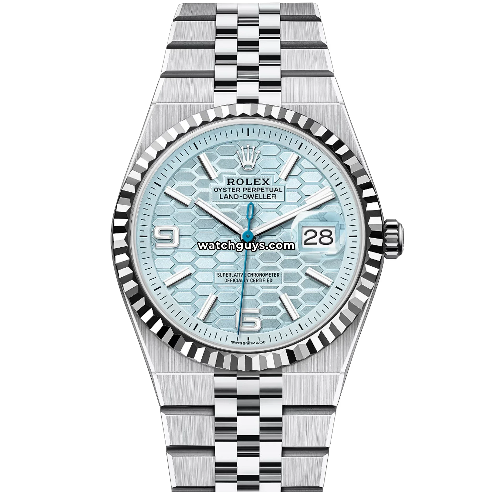 Rolex Land-Dweller 127236 Platinum Ice Blue Honeycomb Motif