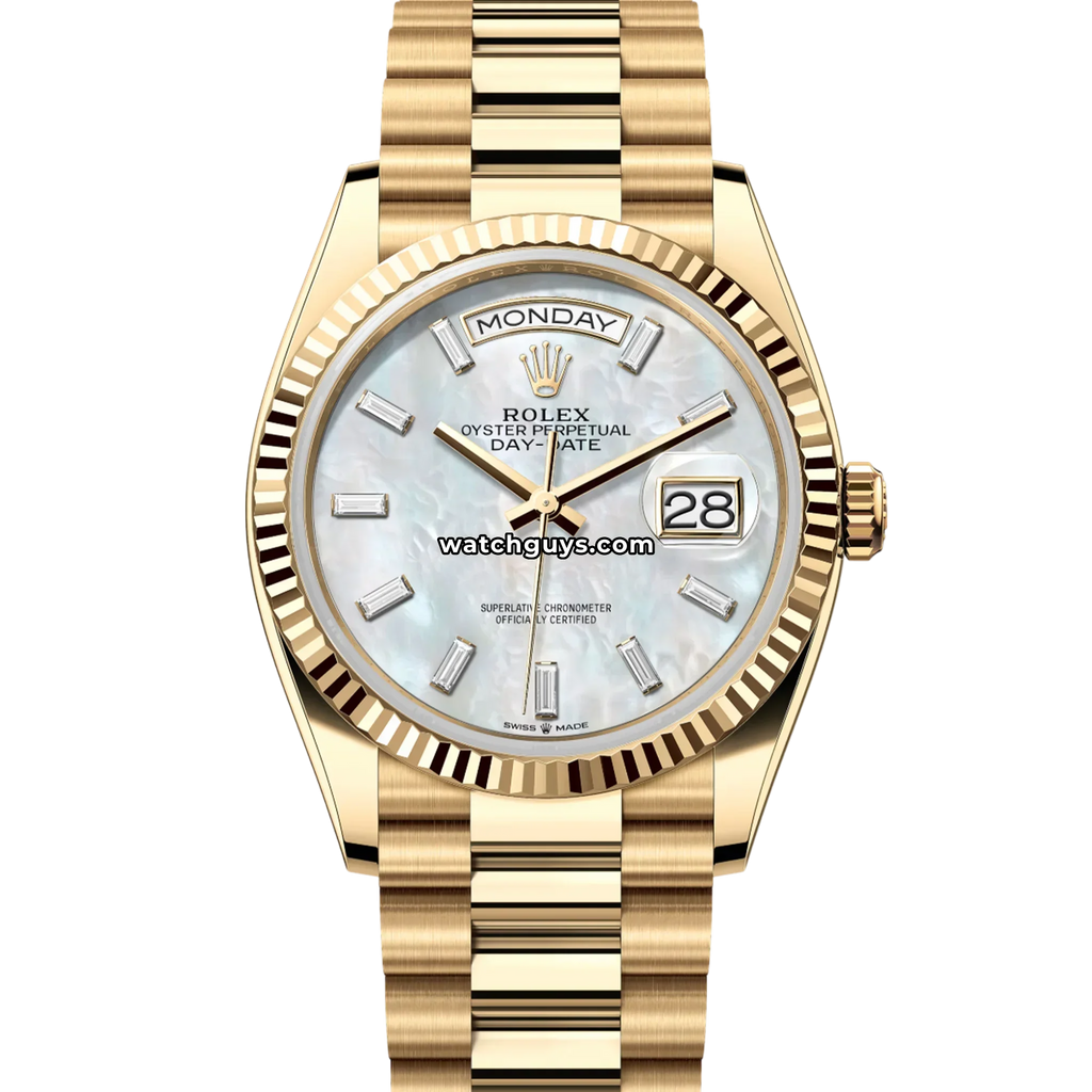 Rolex Day-Date 128238 White Mother of Pearl Baguette Diamond