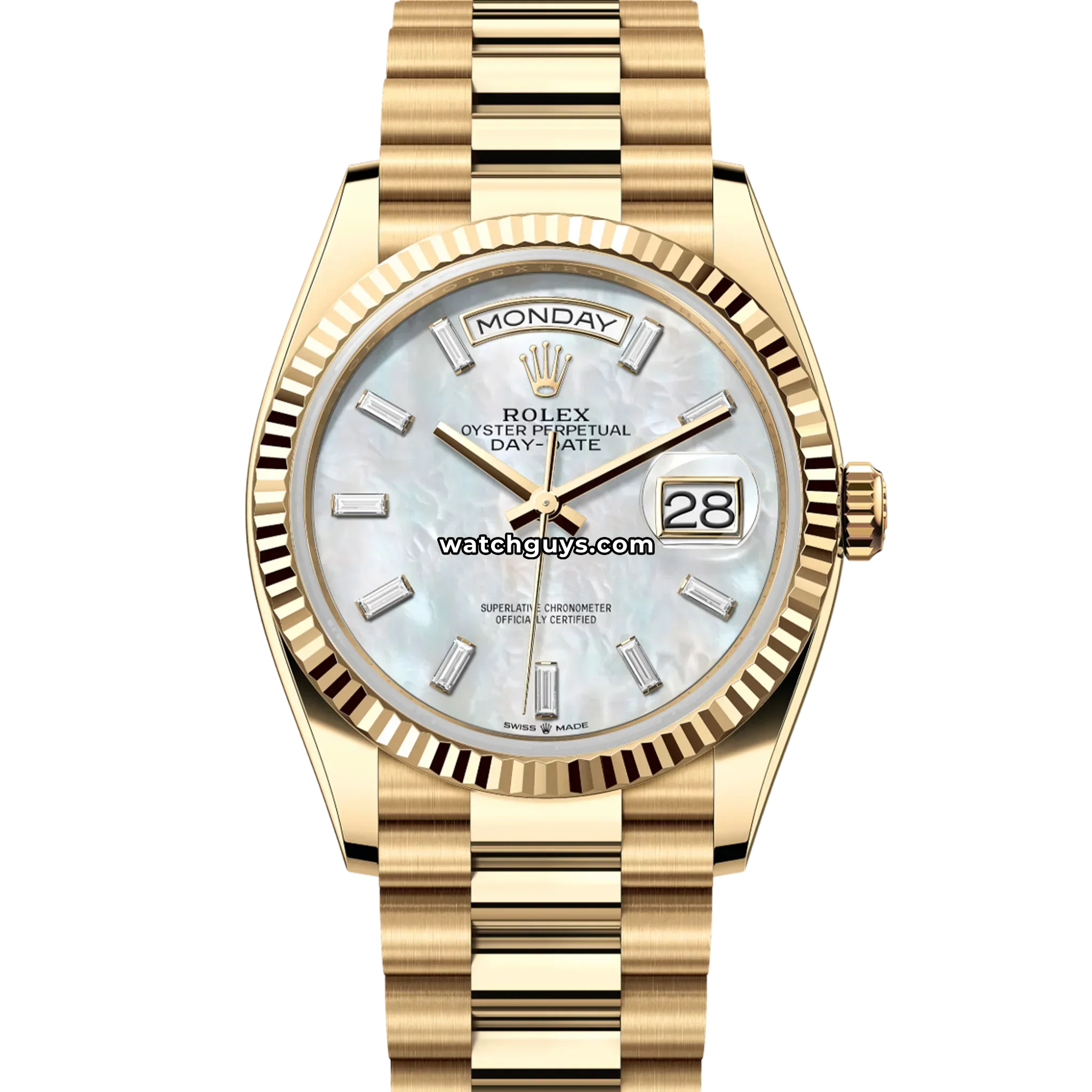Rolex Day-Date 128238 White Mother of Pearl Baguette Diamond