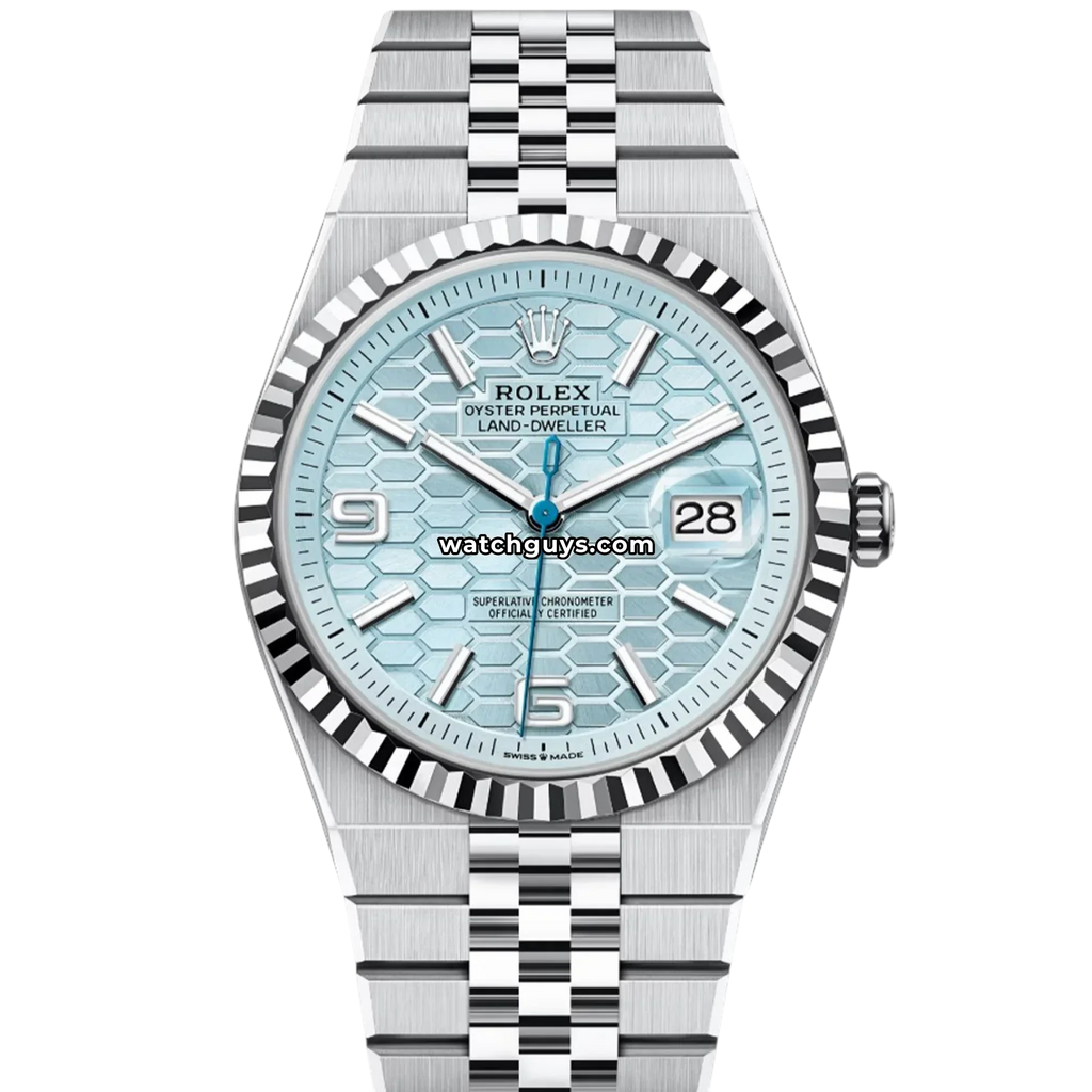 Rolex Land-Dweller 127336 Platinum Ice Blue Honeycomb Motif